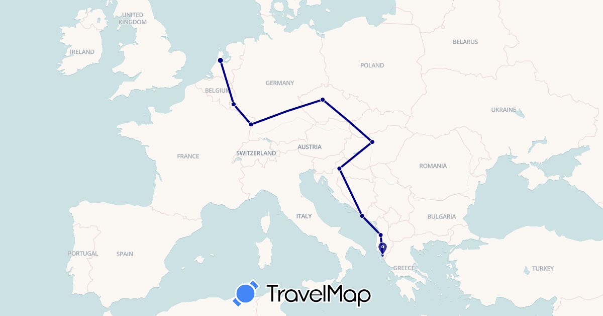 TravelMap itinerary: driving in Albania, Czech Republic, France, Croatia, Hungary, Luxembourg, Netherlands (Europe)